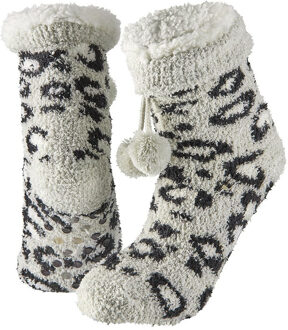 Apollo Huissokken/slofsokken luipaard print - zwart - dames - anti-slip - fleece - one size - 36/41 Multi