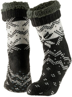 Apollo Huissokken/slofsokken Nordic print - zwart - heren - fleece gevoerd - maat 42-47 - extra warm - One size