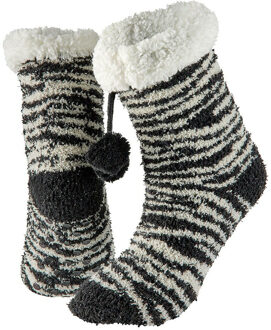Apollo Huissokken/slofsokken zebra print - zwart - dames - anti-slip - fleece - one size - 36/41 Multi