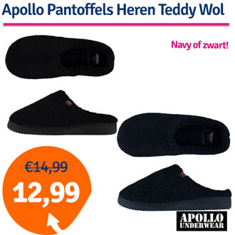 Apollo Pantoffels Heren Teddy Wol Zwart-43/44 - 43/44