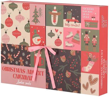 Apollo Sokken Adventskalender Dames - Kerst - 12 paar sokken-one-size Multi Pink - One size (36-41)