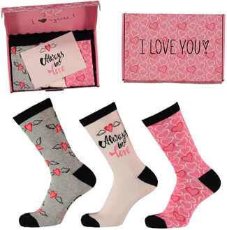 Apollo Valentijn Cadeau Sokken Giftbox Always In Love Dames met gratis wenskaart Grijs,Roze - One size (36-41)