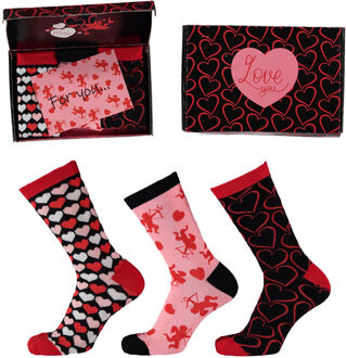 Apollo Valentijn Cadeau Sokken Giftbox Cupid Hearts Dames met gratis wenskaart Roze,Zwart - One size (36-41)