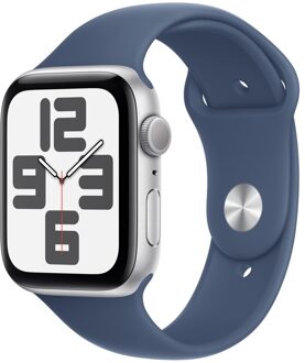 Apple Watch SE GPS 44mm Aluminium Case met Denim Sport Band - M/L Smartwatch Zilver