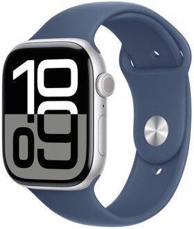 Apple Watch Series 10 GPS + Cellular 46mm Aluminium Case met Denim Sport Band - M/L Smartwatch Zilver