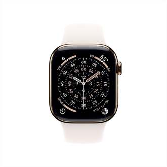 Apple Watch Series 11 GPS + Cellular 46mm Gold Titanium Case met Light Blush Sport Band - S/M Smartwatch Grijs