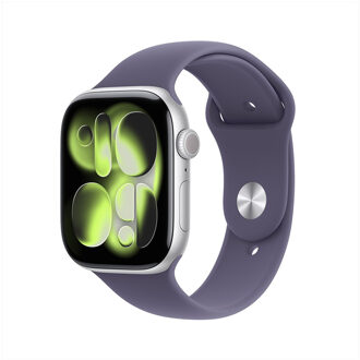 Apple Watch Series 11 GPS + Cellular 46mm Silver Aluminium Case met Purple Fog Sport Band - M/L Smartwatch Zilver