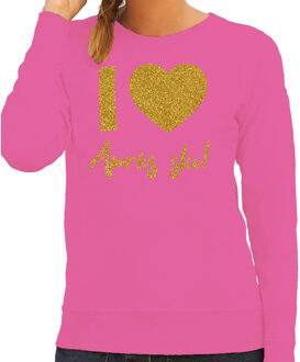 Apres ski sweater dames - I love Apres ski - roze- glitter goud M