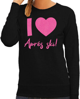 Apres ski sweater dames - I love Apres ski - zwart- glitter roze S