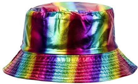 Apring Faux Lederen Emmer Hoed Dubbelzijdig Hoed Pu En Katoen Effen Zonnehoed Zomer Dames Mode Panama Visser cap regenboog