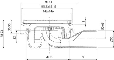 Aquaberg ABS kunststof put bezand met RVS rooster zijuitloop 50mm laag model 146x146mm met reukslot 32mm