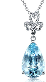 Aquamarine gemstones blue crystal pendant necklaces for women diamond 18k white gold tone argent choker chain jewelry collier