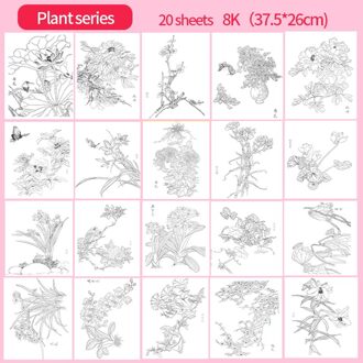 Aquarel Papier 8K Lijn Handgeschilderde Kleurboek Voor Volwassenen Kopiëren Script Beginner Kinderen Tekening Art levert 8K plants 20 page