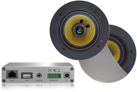 Aquasound Wifi-Audio Versterker Aquasound Airplay + DLNA 30W Inclusief Speakerset Aquasound Rumba 116 mm Mat Chroom Aquasound