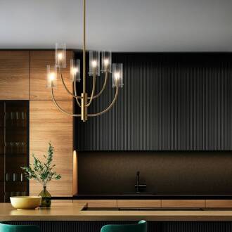 Arco hanglamp met 6 glazen kappen messing, helder