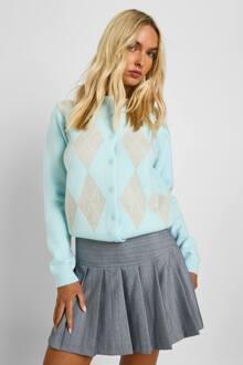 Argyle Gebreide Cardigan Met Knoopsluiting, Baby Blue - L