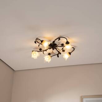 Arianna plafondlamp, bronskleurig, 5-lamps, ijzer, glas brons, opaal