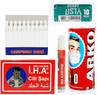 Arko Shaving Soap, Derby Usta Razor Blades, Alum Block, Alum Stick, Disposable Blood Stopper