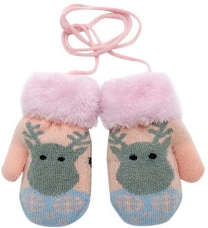 Arloneet Baby Handschoenen Katoen Cartoon Herten Print Winter Thicken Handschoenen Gebreide Meisjes Jongens Kids Hoofdbanden Opknoping Wanten Handschoenen roze