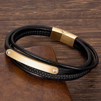 Armband Voor Mannen Rvs Multi-layer Lederen Touw Armbanden Magnetische Sluiting Charm Sieraden Man Accessoires goud / 19 cm