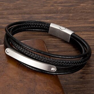 Armband Voor Mannen Rvs Multi-layer Lederen Touw Armbanden Magnetische Sluiting Charm Sieraden Man Accessoires zilver / 19 cm