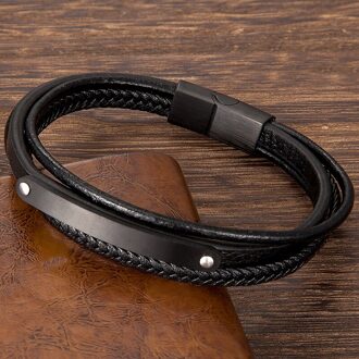 Armband Voor Mannen Rvs Multi-layer Lederen Touw Armbanden Magnetische Sluiting Charm Sieraden Man Accessoires zwart / 19 cm