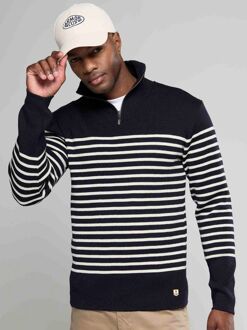 Armor Lux Camionneur Half Zip Trui Wol Strepen Navy Donkerblauw