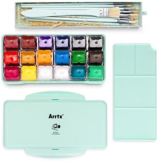 Arrtx Gouache Aquarel Schildert 30Ml * 18 Unieke Jelly Cup Gouache Pigment Set Met Palet En Penselen Licht Groen