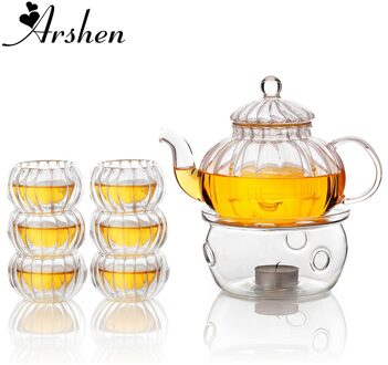 Arshen Pompoen Vorm Theewaar Set Hittebestendig Glas 600 ML Theepot Set zetgroep Theepot met Warmer en 6 Stks Dubbele Muur Thee Cups