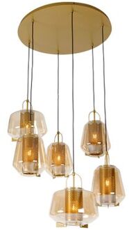 Art deco hanglamp goud met amber glas 6-lichts - Kevin