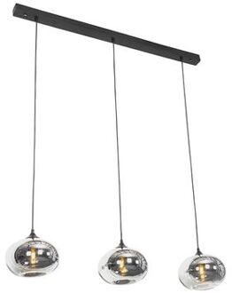Art Deco hanglamp zwart met glas smoke langwerpig 3-lichts