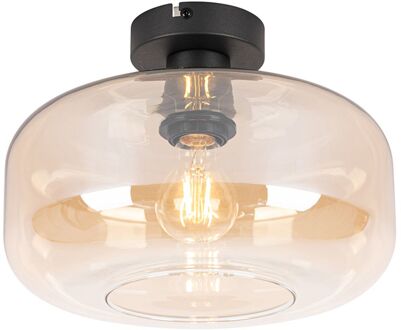 Art deco plafondlamp zwart met amber glas - Bizle Beige