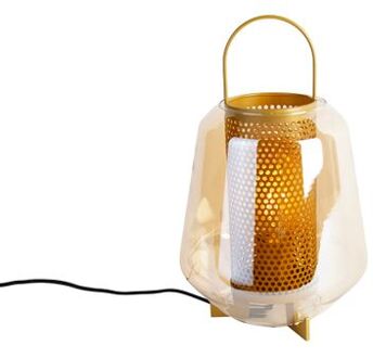 Art deco tafellamp goud met amber glas 23 cm - Kevin