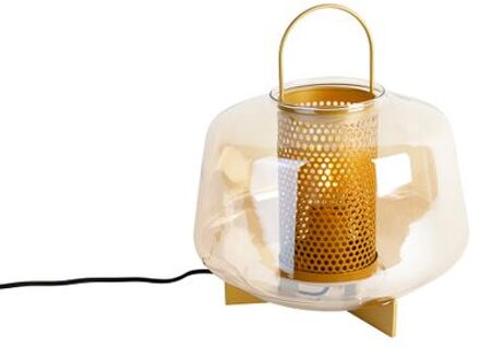 Art deco tafellamp goud met amber glas 30 cm - Kevin