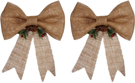 Arte r 2x stuks kerstboomversieringen ornament strikjes/strikken jute beige 25 x 26 cm