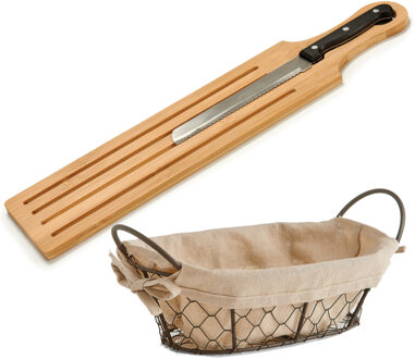 Arte r Bamboe houten broodplank/snijplank/serveerplank met broodmes 50 x 10 cm en broodmandje van 26 x 17 c - Snijplanken Bruin