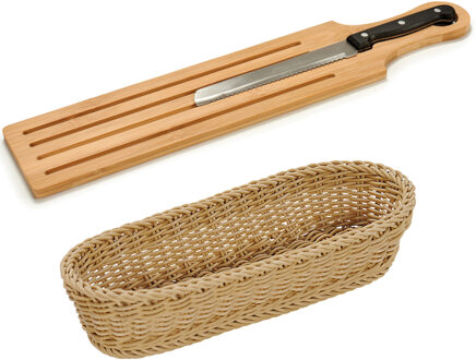 Arte r Bamboe houten broodplank/snijplank/serveerplank met broodmes 50 x 10 cm en broodmandje van 41 cm - Snijplanken Bruin