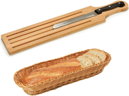 Arte r Bamboe houten broodplank/snijplank/serveerplank met broodmes 50 x 10 cm en broodmandje van 41 cm