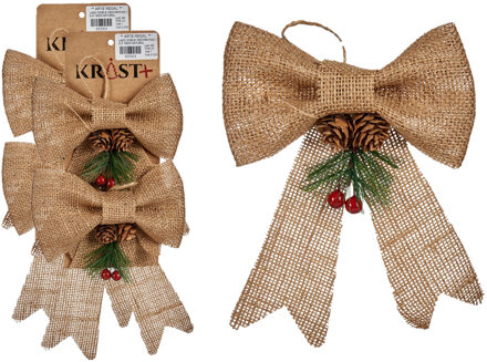 Arte r Kerststrikjes kersthangers - 4x - beige glitters - 15 x 16 cm - jute - kerstversiering