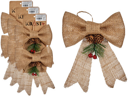 Arte r Kerststrikjes kersthangers - 6x - beige glitters - 15 x 16 cm - jute - kerstversiering