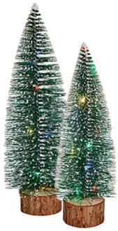 Arte r Kleine/mini decoratie kerstboompjes set van 2x st met gekleurd licht 25-30 cm - Kerstdorpen Groen