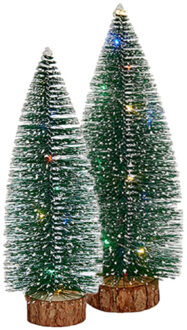 Arte r Kleine/mini decoratie kerstboompjes set van 2x st met gekleurd licht 30-35 cm - Kerstdorpen Groen