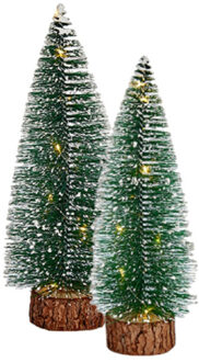 Arte r Kleine/mini decoratie kerstboompjes set van 2x st met licht 25-30 cm - Kerstdorpen Groen