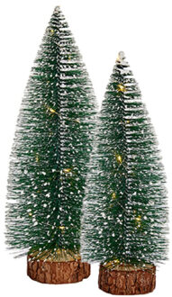 Arte r Kleine/mini decoratie kerstboompjes set van 2x st met licht 30-35 cm - Kerstdorpen Groen