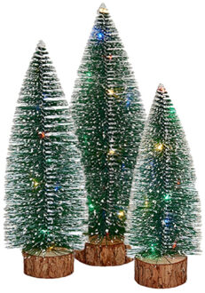 Arte r Kleine/mini decoratie kerstboompjes set van 3x st met gekleurd licht 25-35 cm - Kerstdorpen Groen