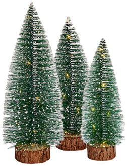 Arte r Kleine/mini decoratie kerstboompjes set van 3x st met licht 25-35 cm - Kerstdorpen Groen