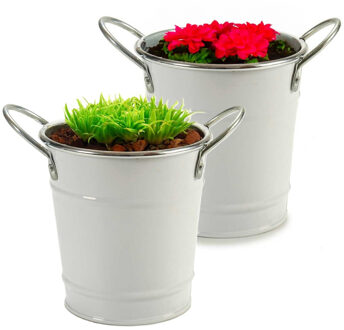 Arte r Plantenpot/bloempot emmer - 2x - rond - zink - wit - D12 x H16 cm