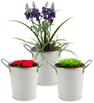 Arte r Plantenpot/bloempot emmer - 3x - rond - zink - wit - D12 x H16 cm