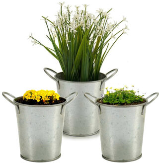 Arte r Plantenpot/bloempot emmer - 3x - rond - zink - zilver - D12 x H16 cm