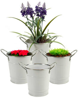 Arte r Plantenpot/bloempot emmer - 4x - rond - zink - wit - D12 x H16 cm
